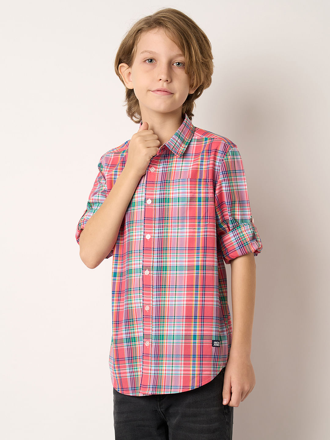 Boys Pink Check Full Sleeves Shirt
