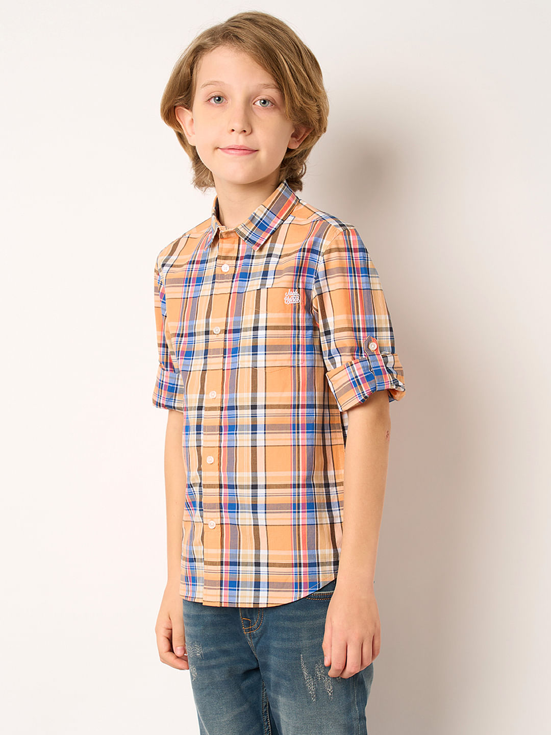 Boys Peach Check Full Sleeves Shirt
