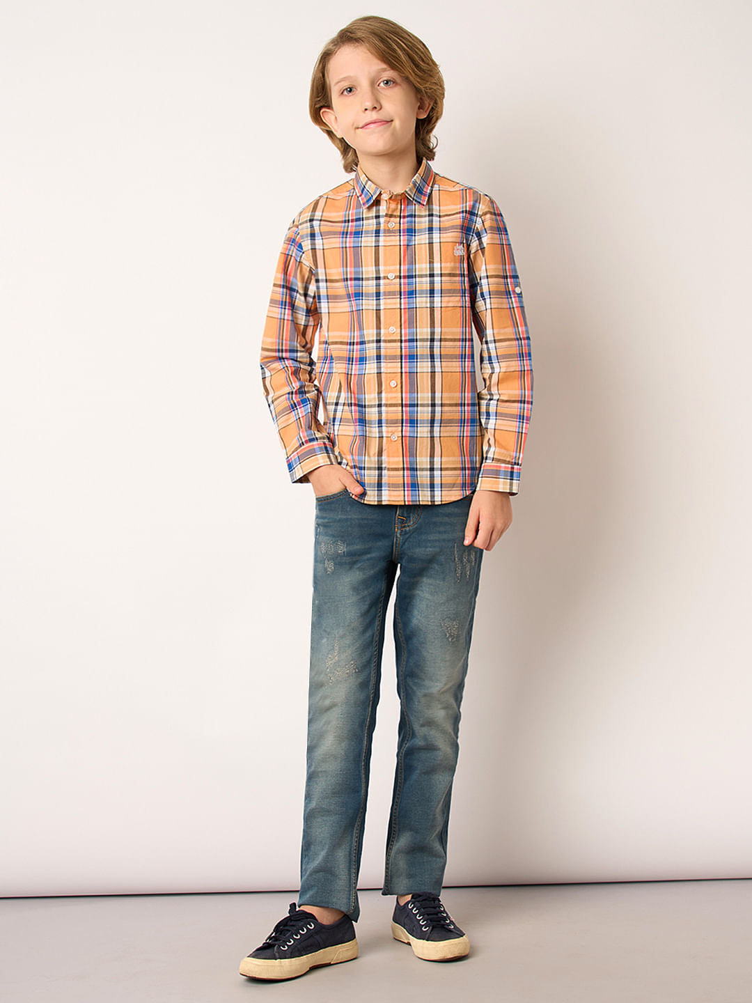 Boys Peach Check Full Sleeves Shirt