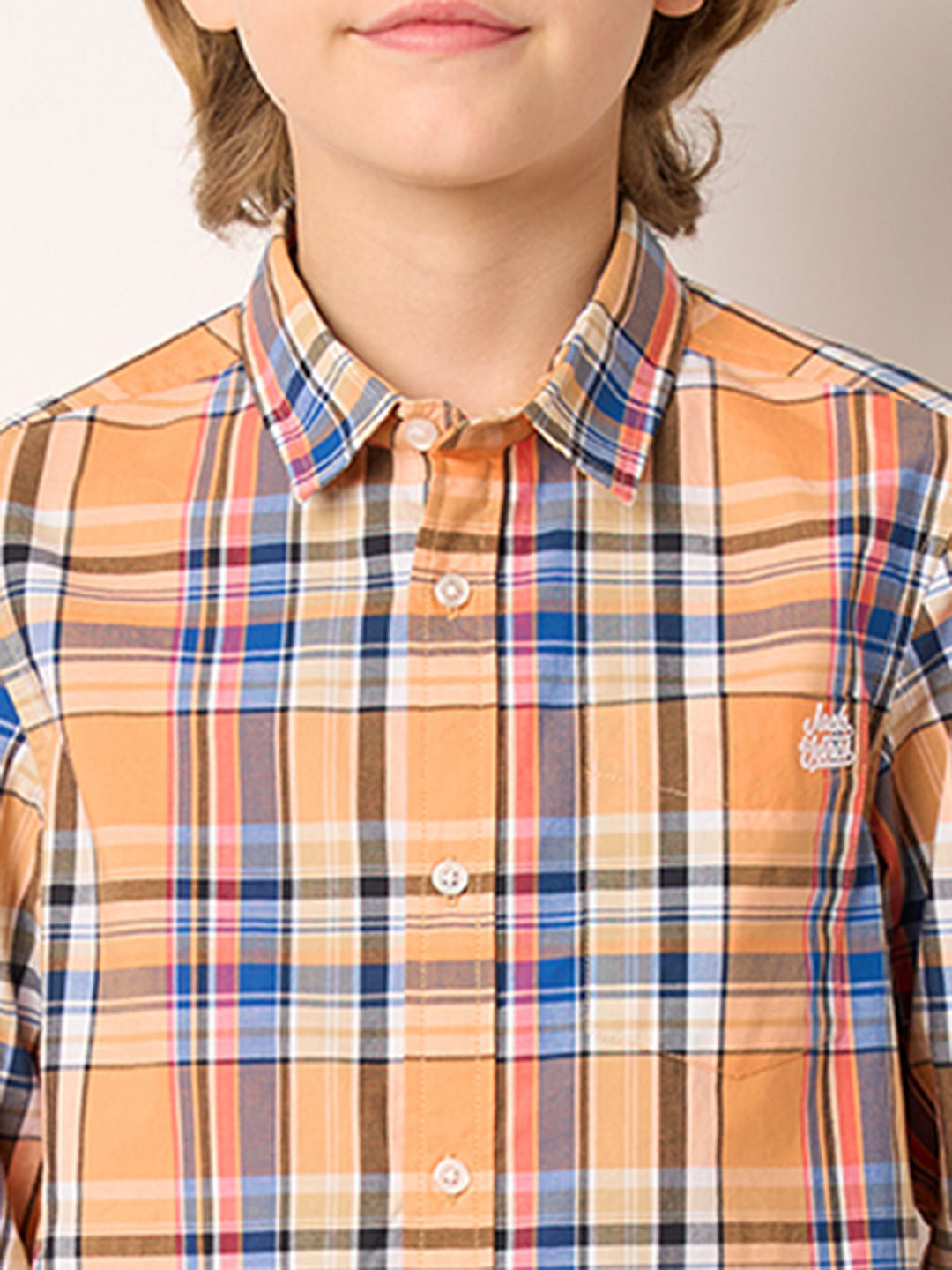 Boys Peach Check Full Sleeves Shirt