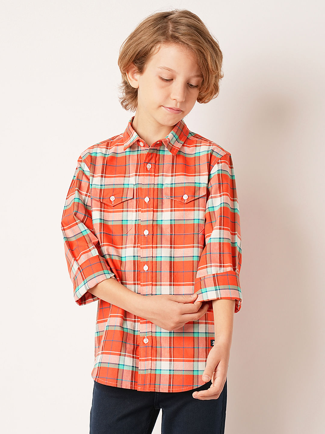 Boys Red Check Full Sleeves Shirt