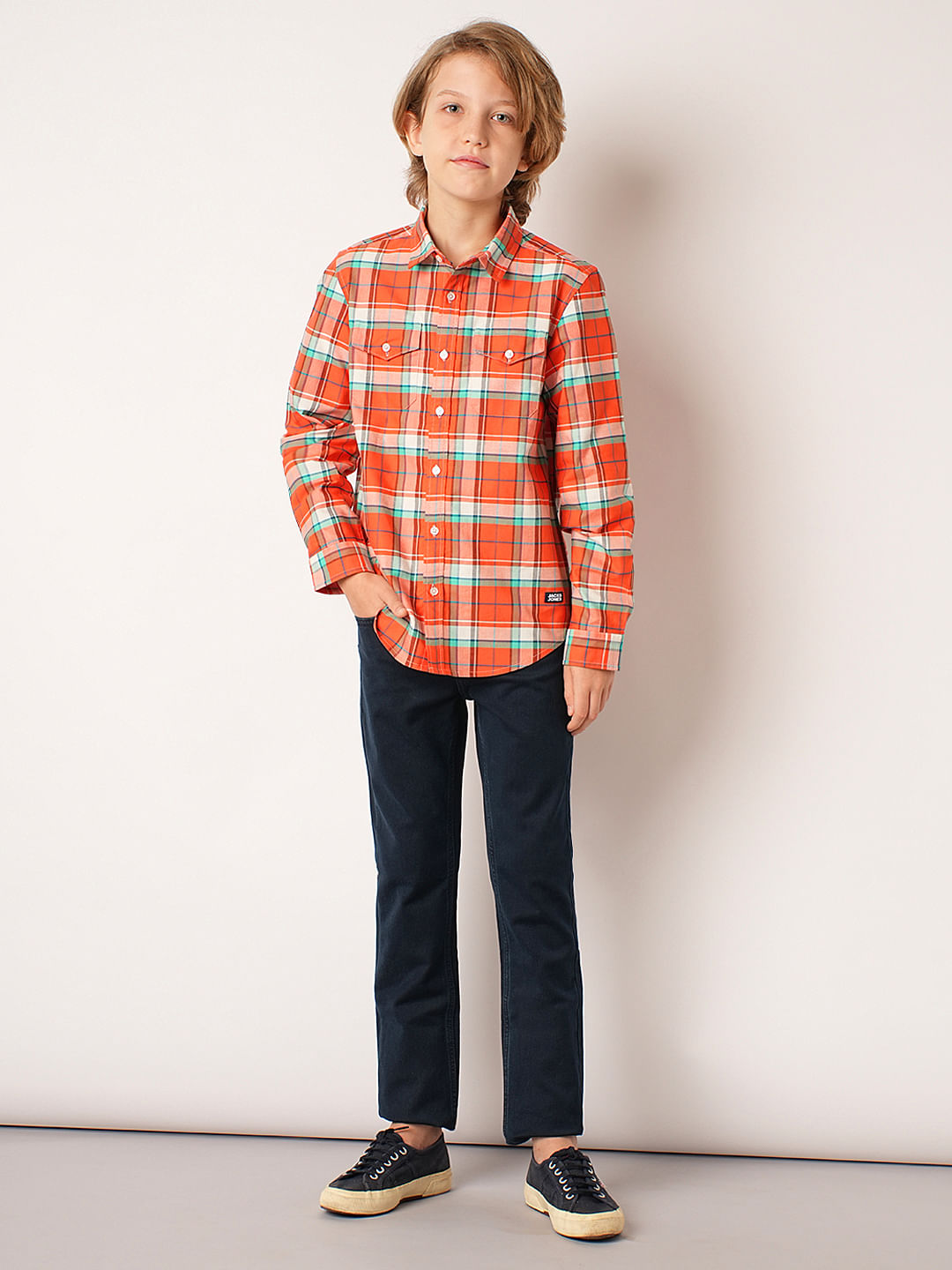Boys Red Check Full Sleeves Shirt