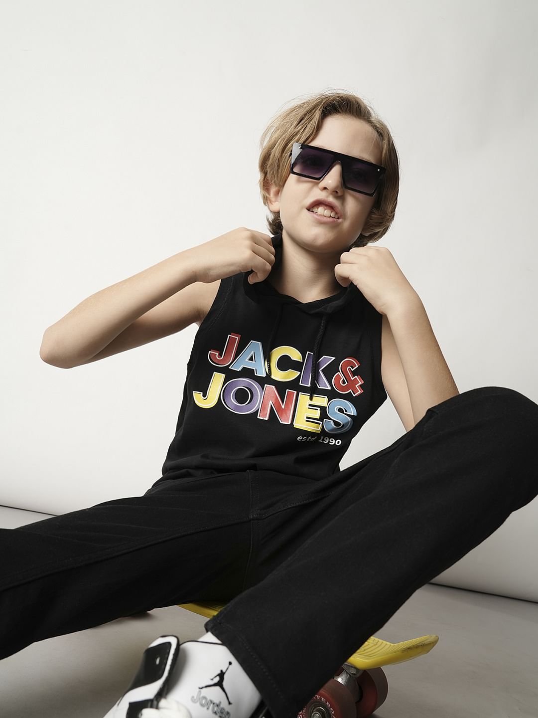 Boys Black Logo Print Hooded T-shirt