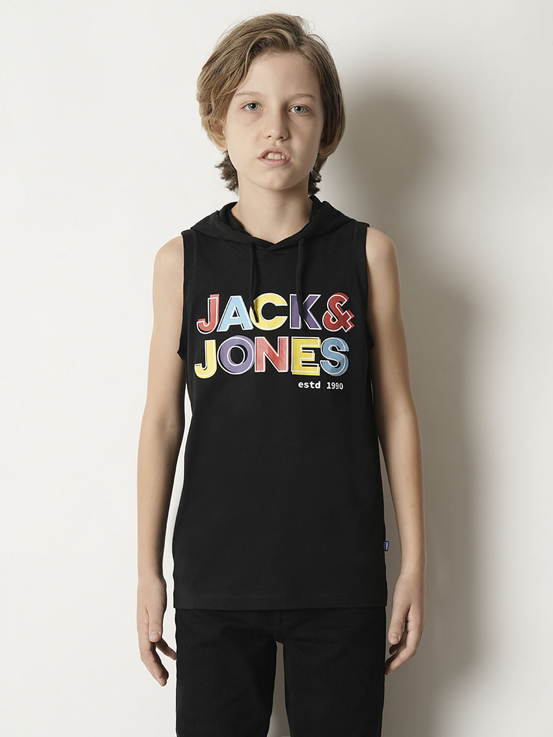 Boys Black Logo Print Hooded T-shirt