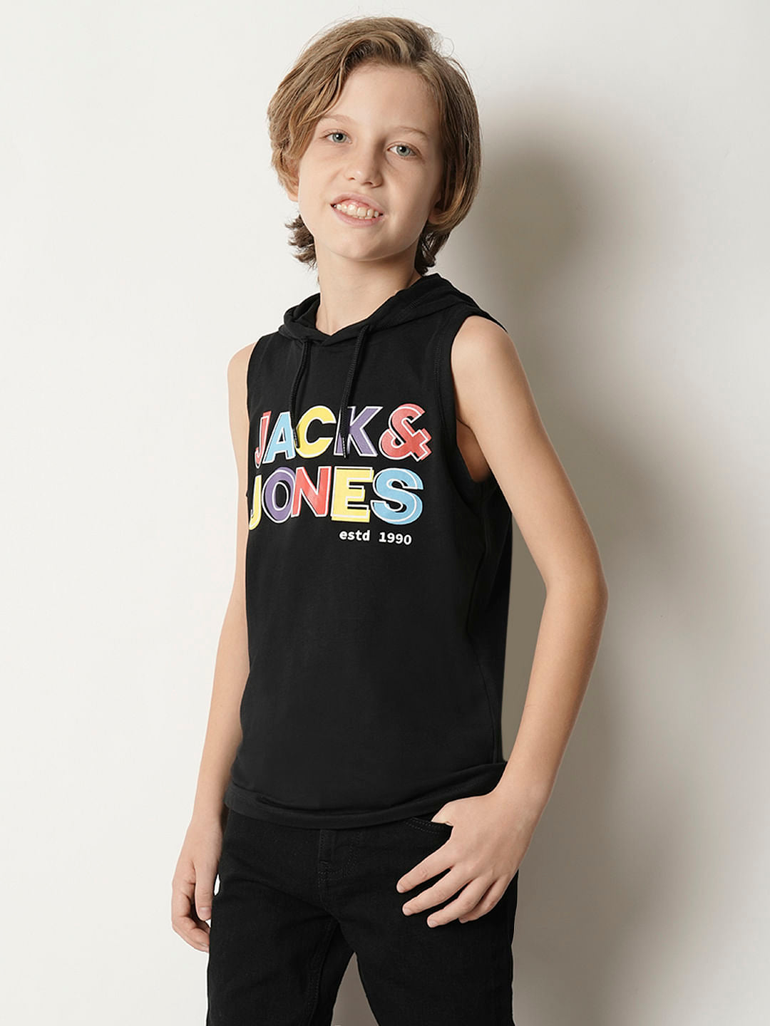 Boys Black Logo Print Hooded T-shirt