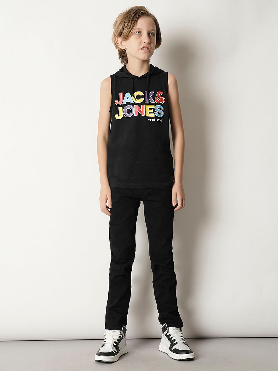 Boys Black Logo Print Hooded T-shirt