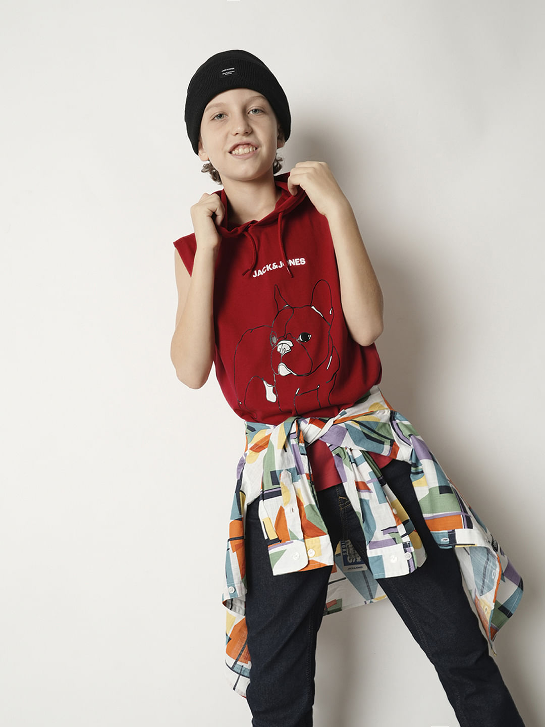 Boys Red Printed Hooded T-shirt