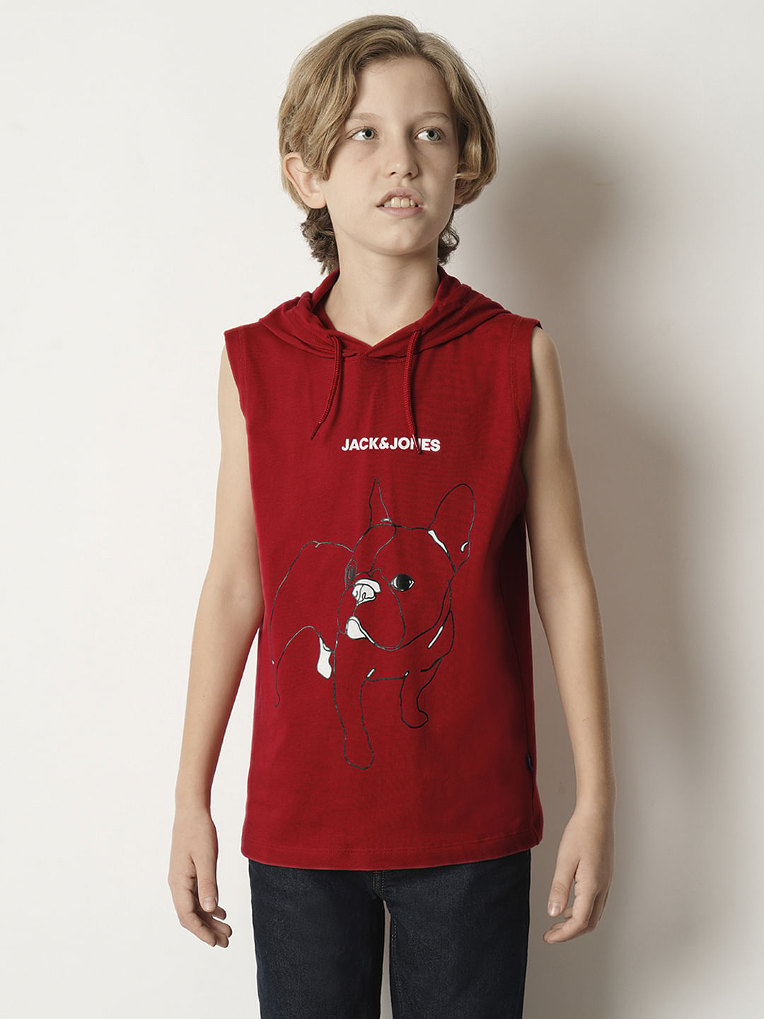Boys Red Printed Hooded T-shirt