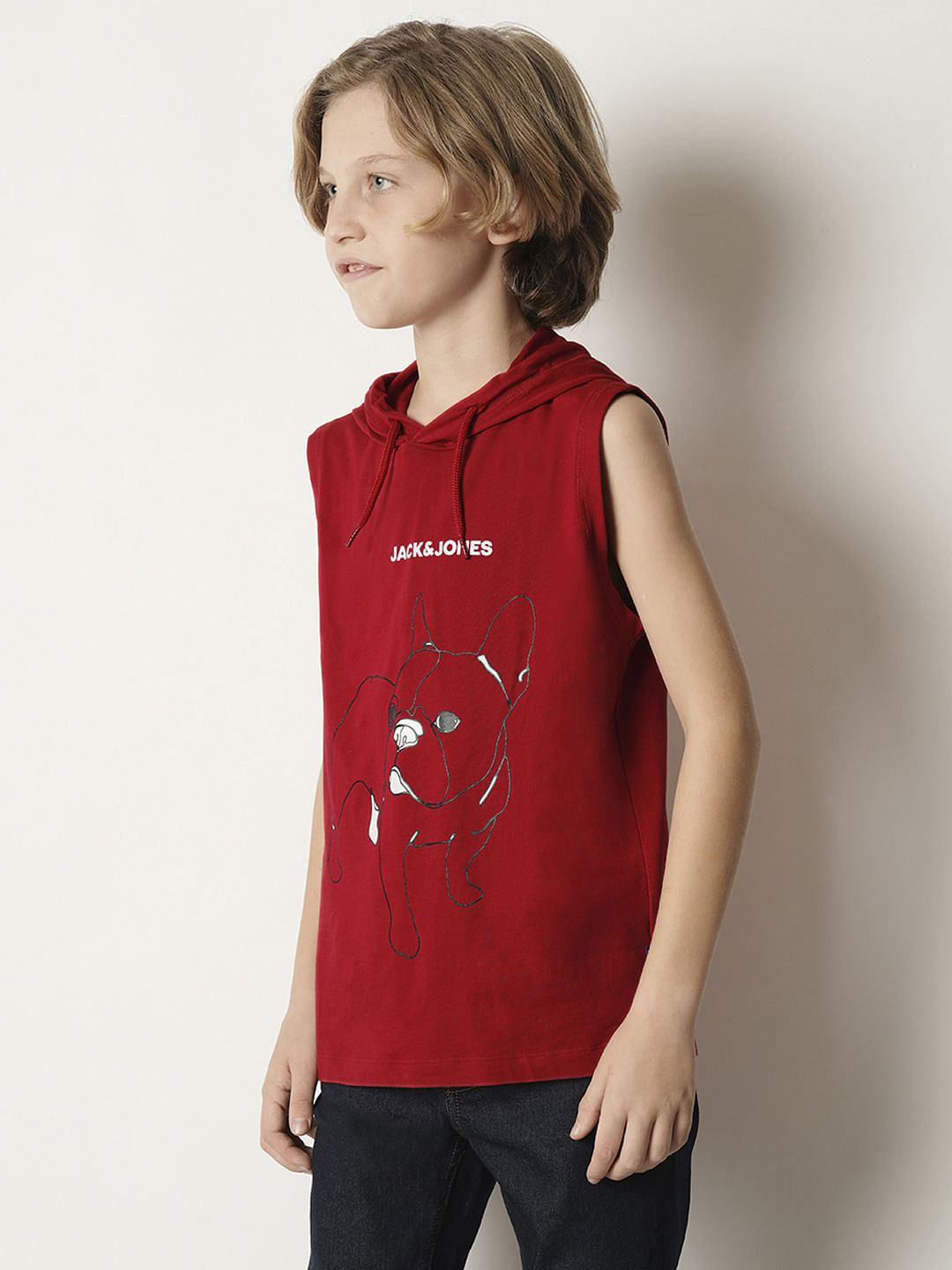 Boys Red Printed Hooded T-shirt