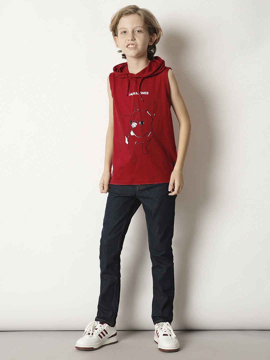 Boys Red Printed Hooded T-shirt