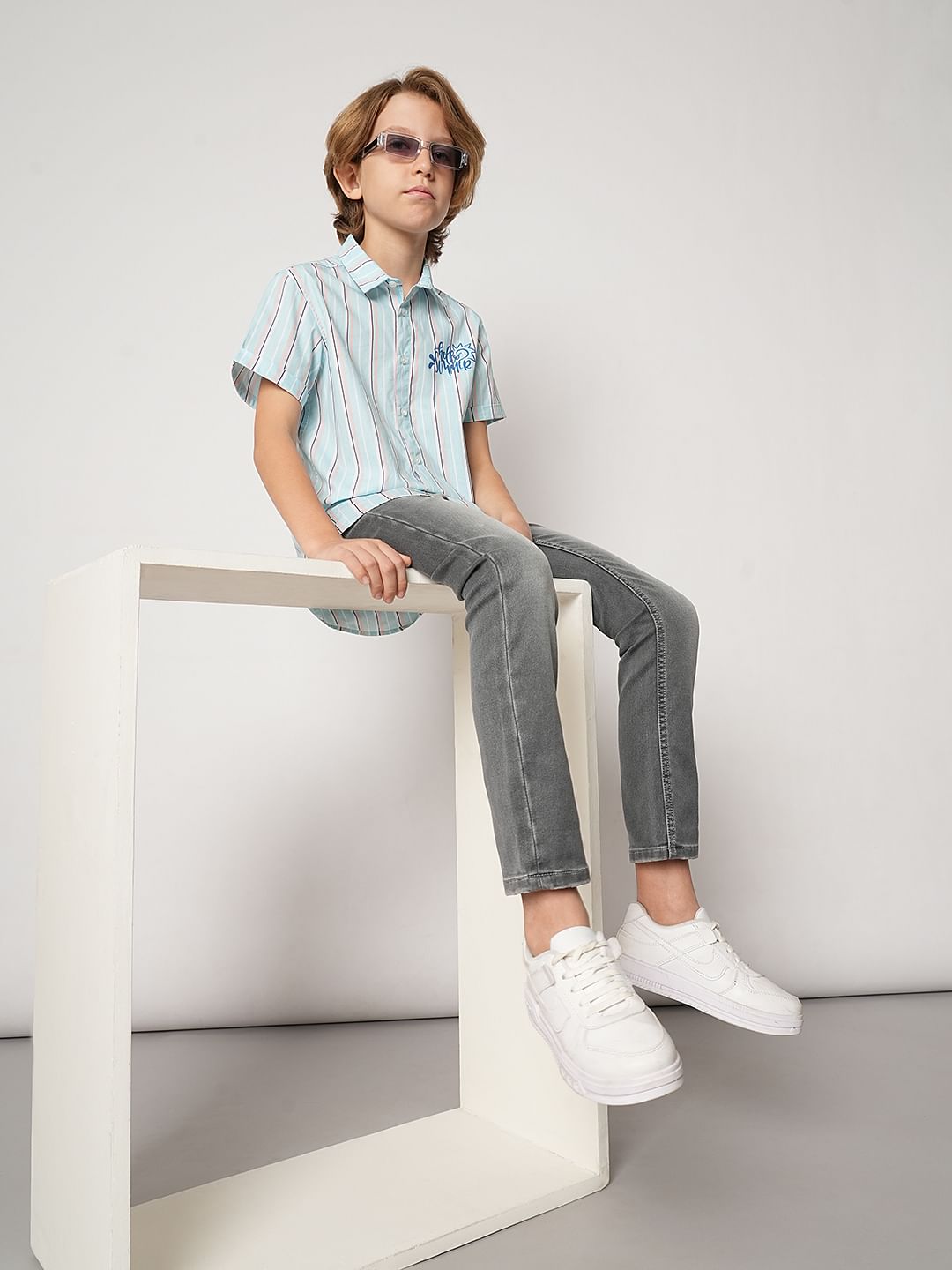 Boys Blue Striped Short Sleeves Shirt