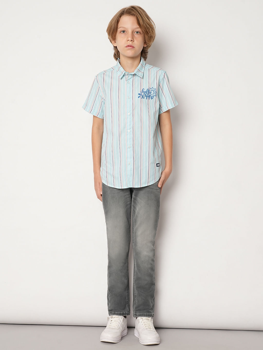 Boys Blue Striped Short Sleeves Shirt