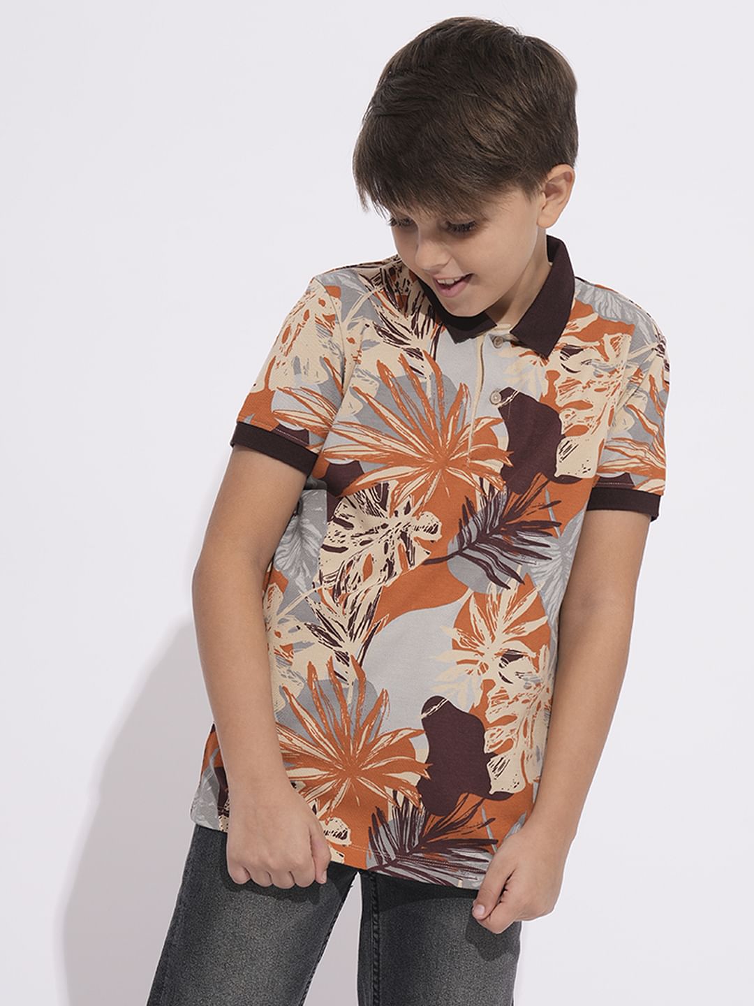 Boys Brown Printed Cotton Polo