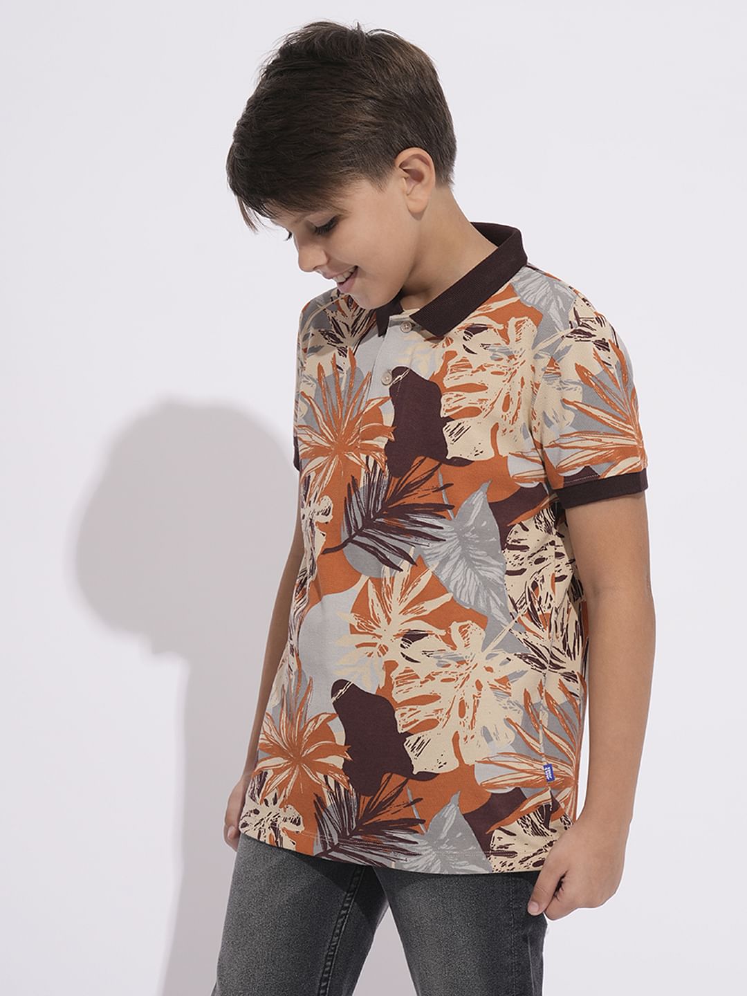 Boys Brown Printed Cotton Polo
