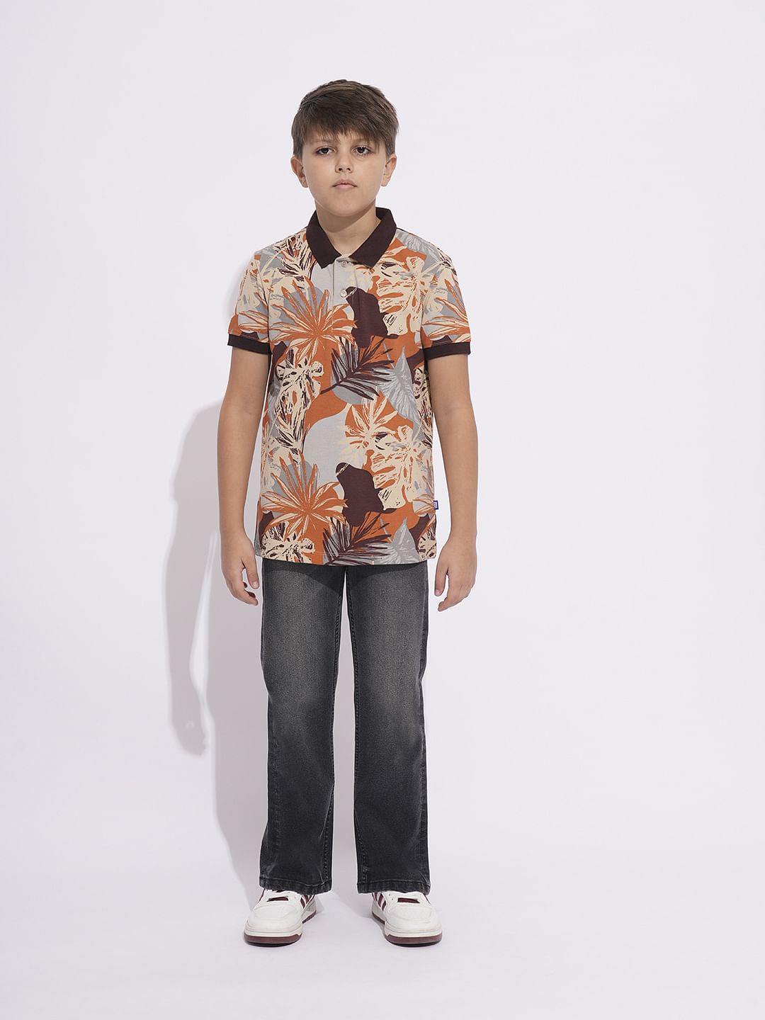 Boys Brown Printed Cotton Polo