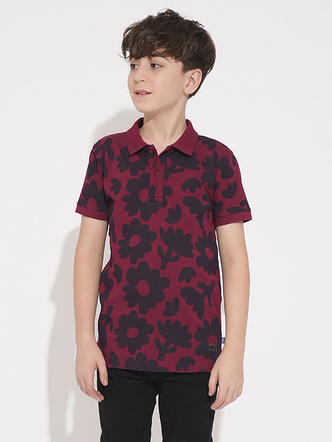 Boys Maroon Floral Cotton Polo