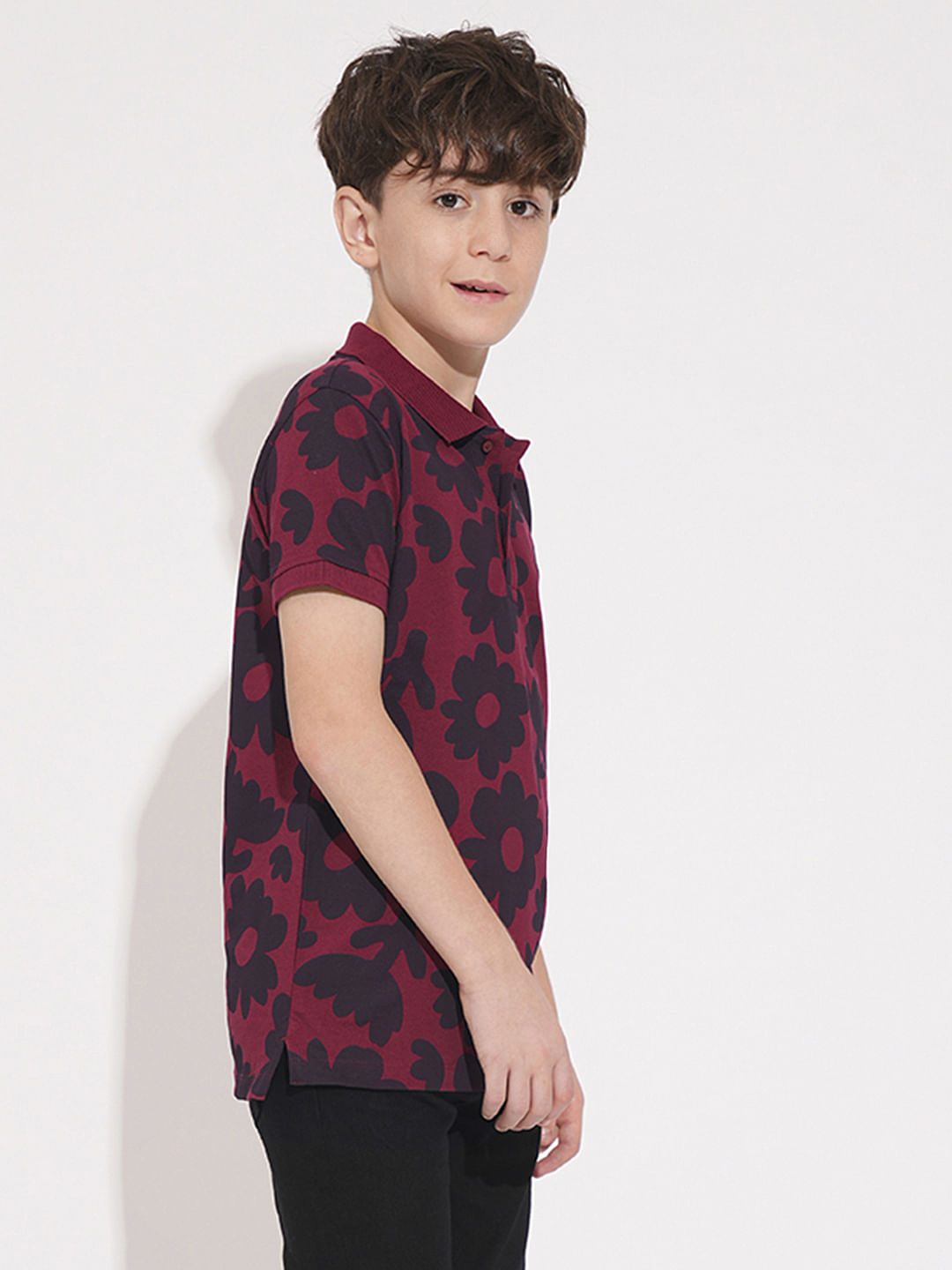 Boys Maroon Floral Cotton Polo