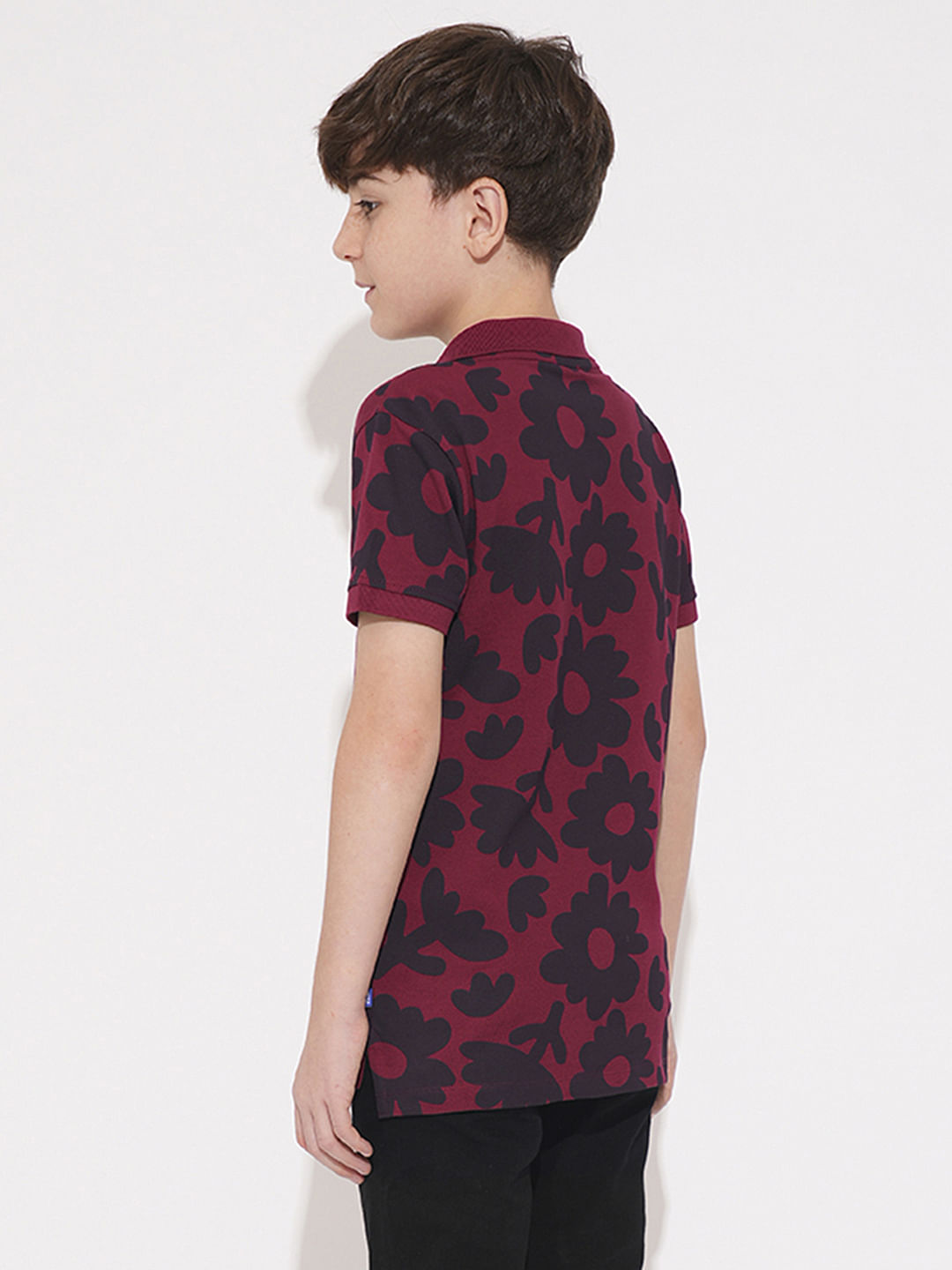 Boys Maroon Floral Cotton Polo