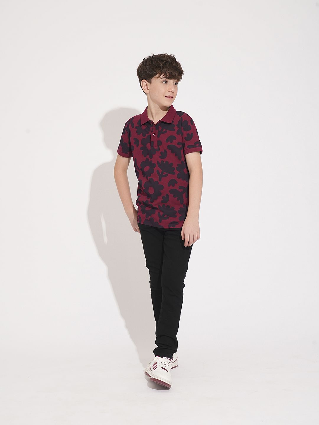 Boys Maroon Floral Cotton Polo