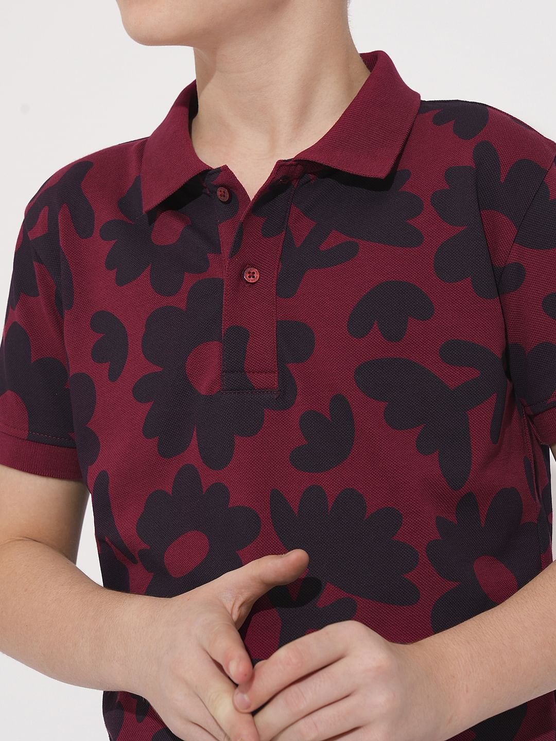 Boys Maroon Floral Cotton Polo