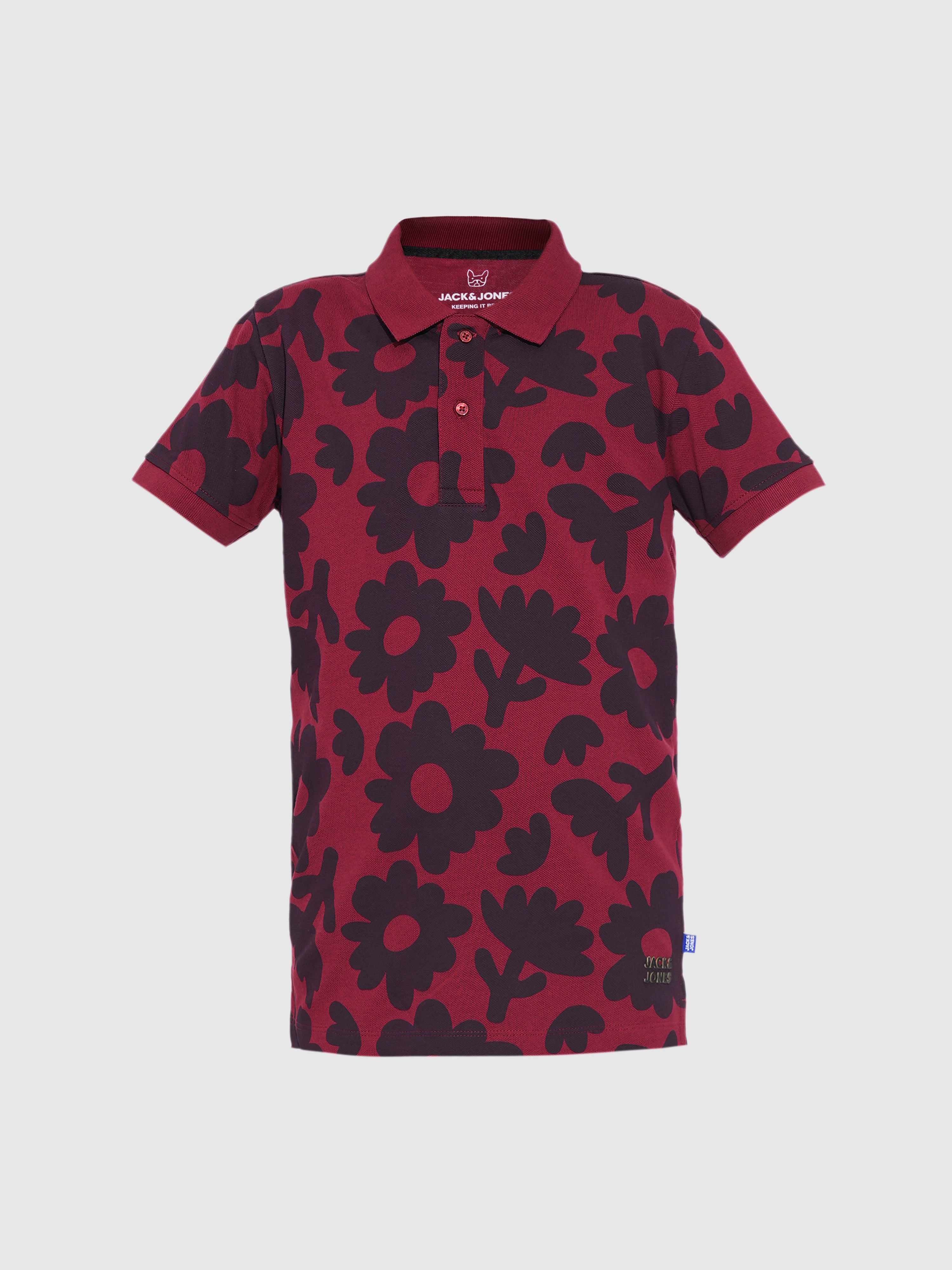 Boys Maroon Floral Cotton Polo