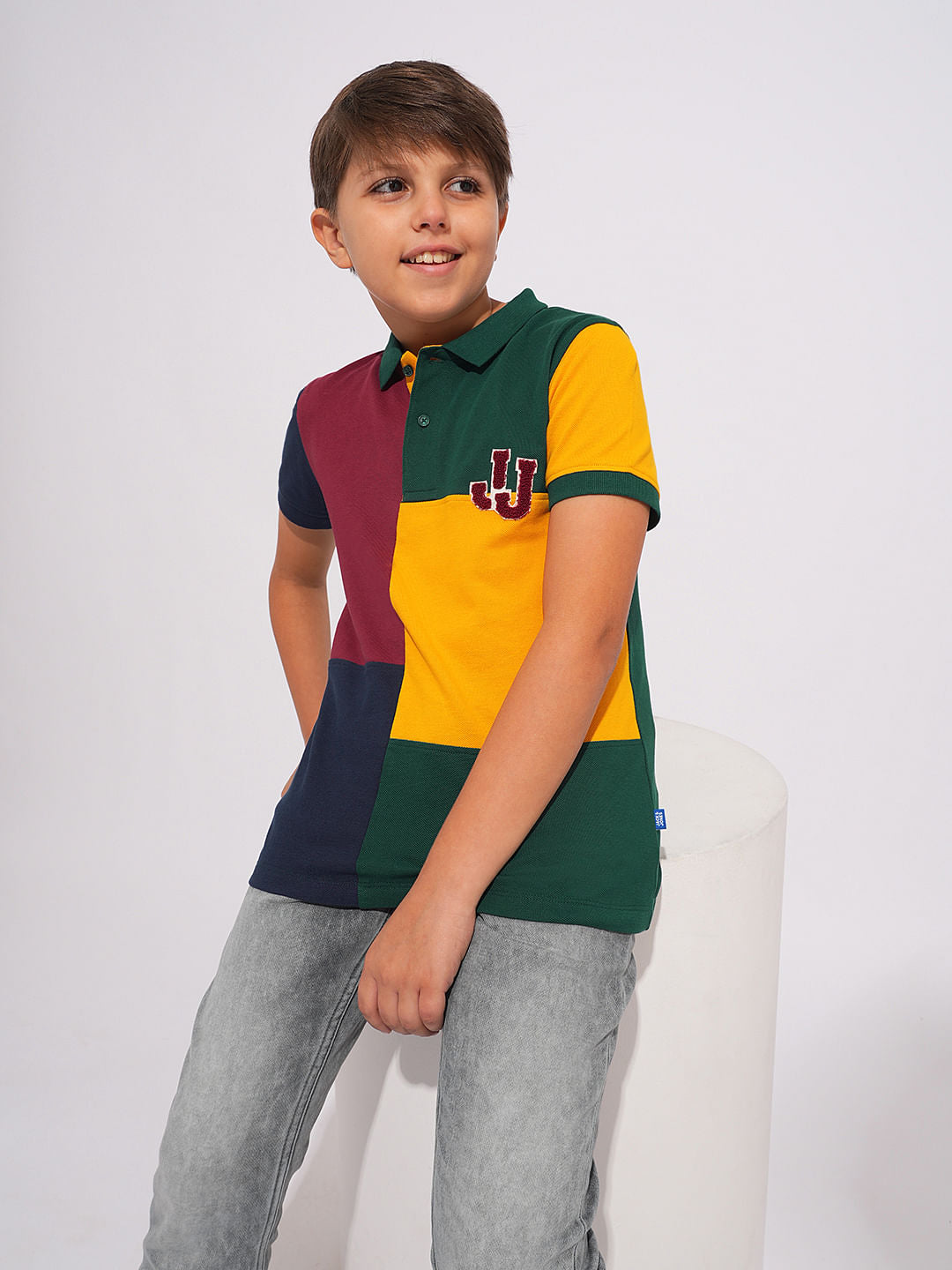 Boys Green Colourblocked Cotton Polo