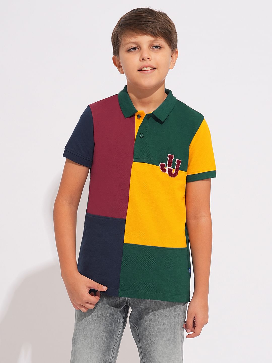 Boys Green Colourblocked Cotton Polo