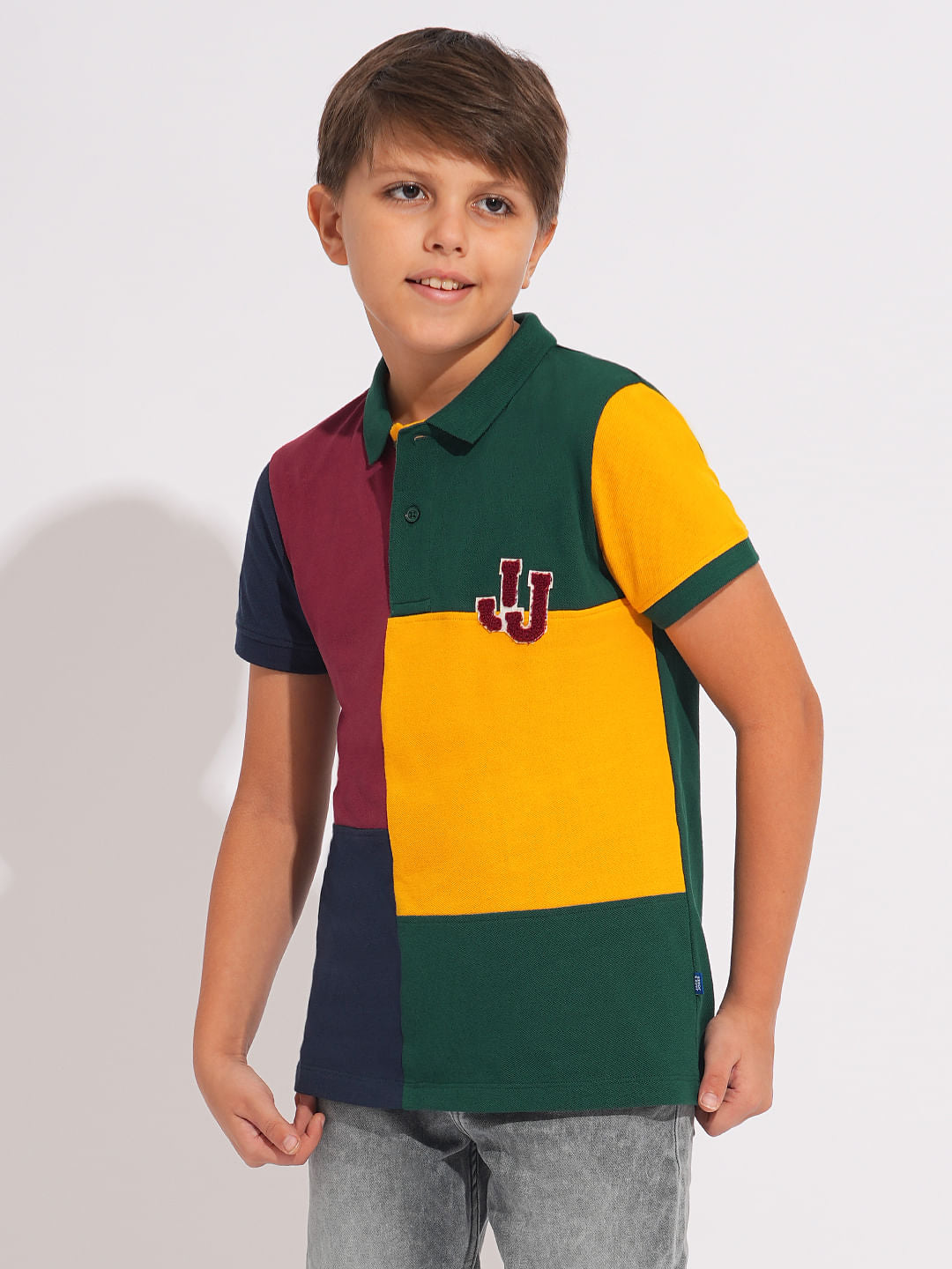 Boys Green Colourblocked Cotton Polo