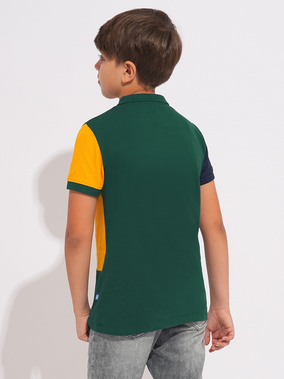 Boys Green Colourblocked Cotton Polo