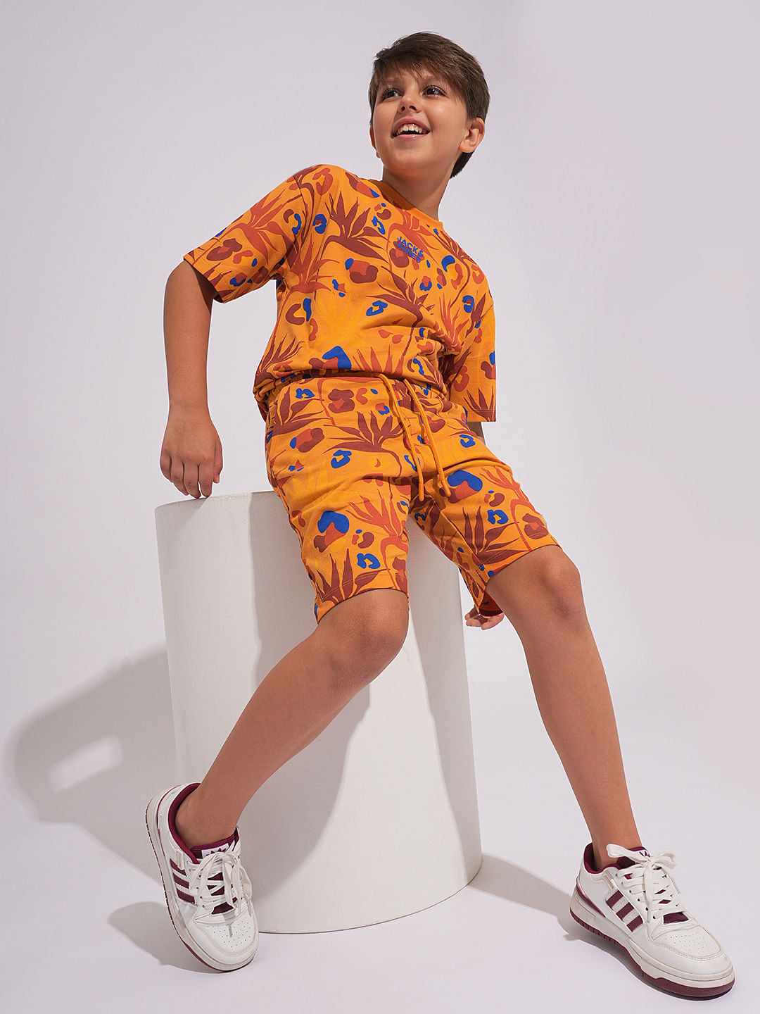 Boys Orange Fall Leaves Print Co-ord Set Shorts