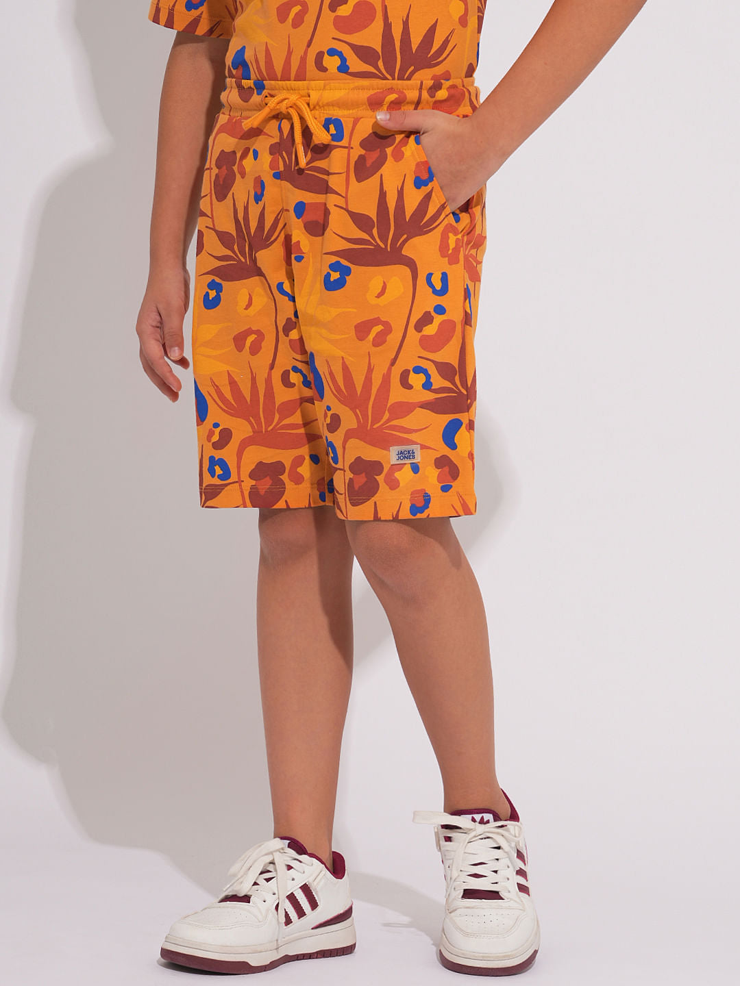 Boys Orange Fall Leaves Print Co-ord Set Shorts