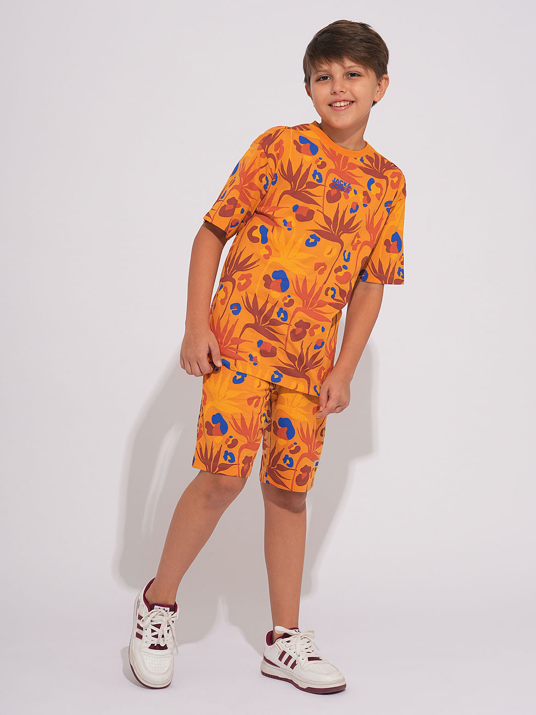 Boys Orange Fall Leaves Print Co-ord Set Shorts