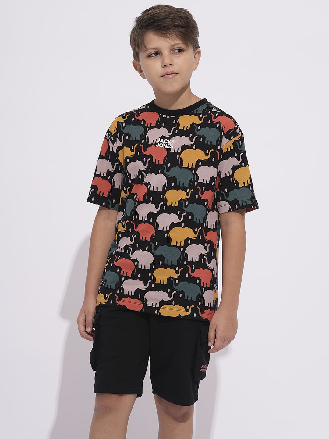 Boys Black Elephant Print T-shirt