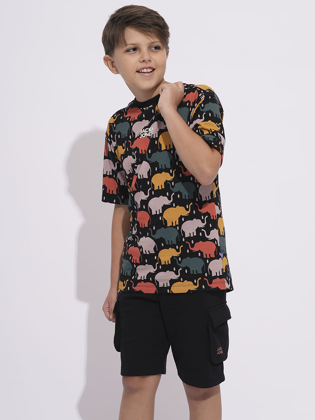 Boys Black Elephant Print T-shirt