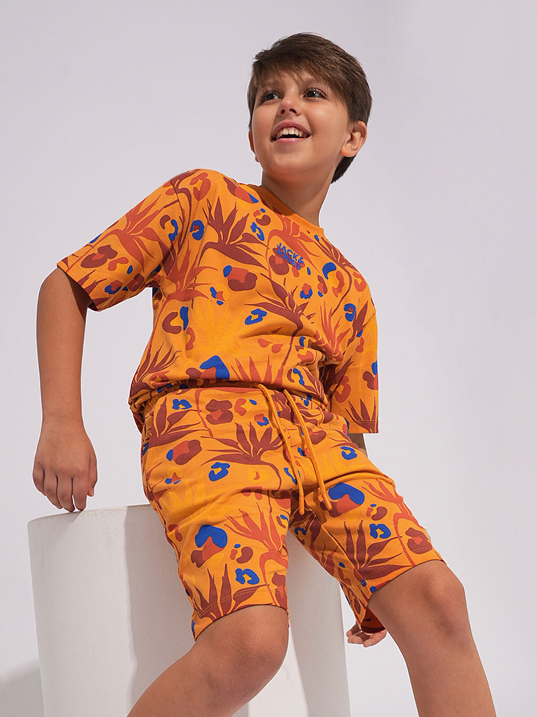 Boys Orange Fall Leaves Print Co-ord Set T-shirt