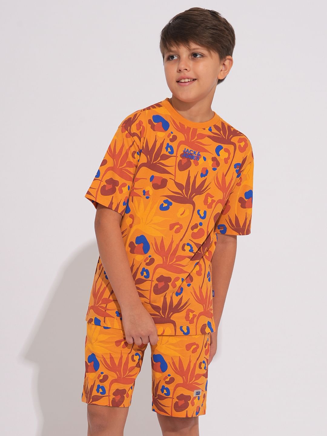 Boys Orange Fall Leaves Print Co-ord Set T-shirt