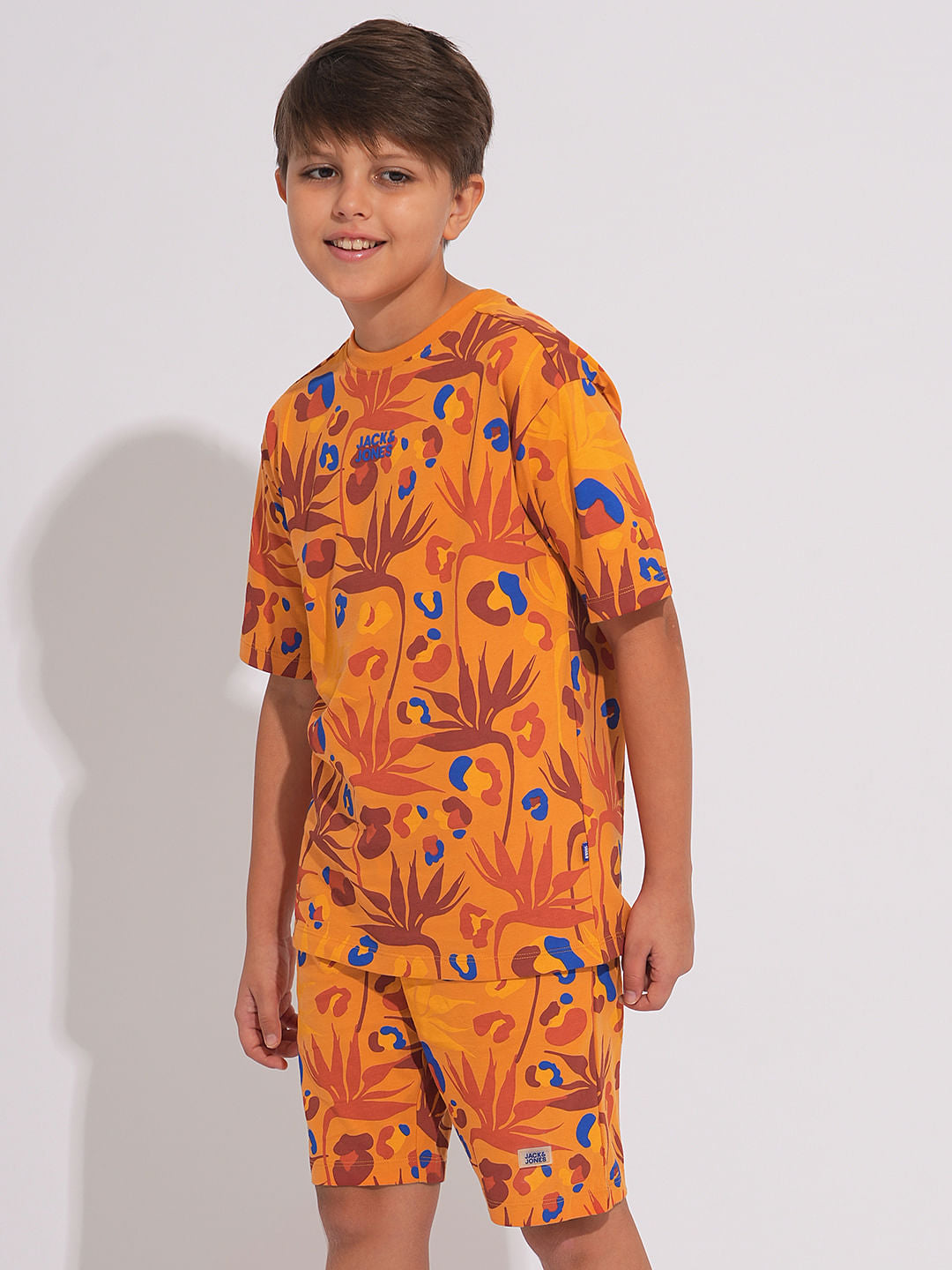 Boys Orange Fall Leaves Print Co-ord Set T-shirt