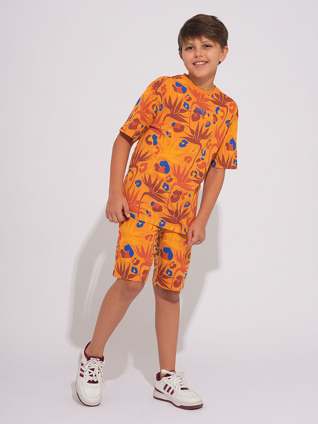 Boys Orange Fall Leaves Print Co-ord Set T-shirt