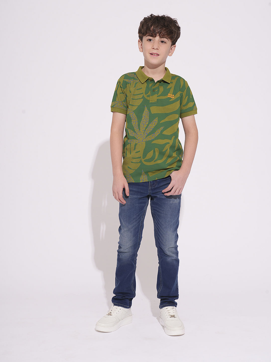 Boys Green Printed Polo