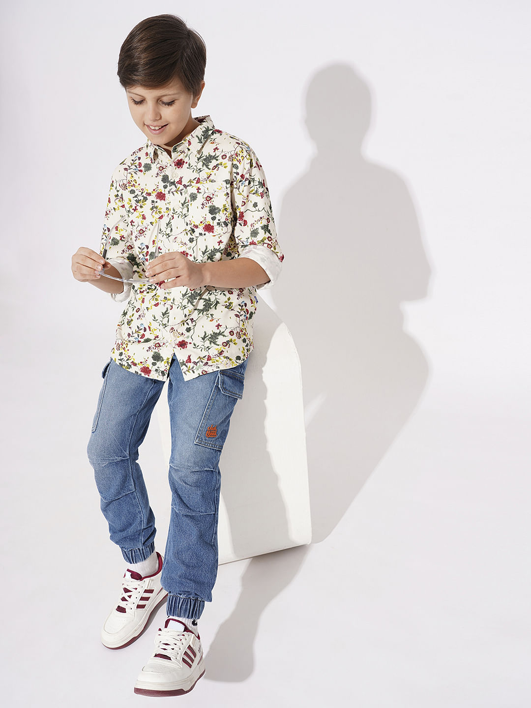 Boys Beige Printed Full Sleeves Shirt
