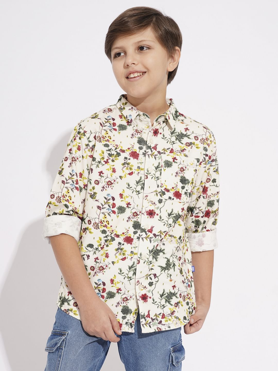 Boys Beige Printed Full Sleeves Shirt