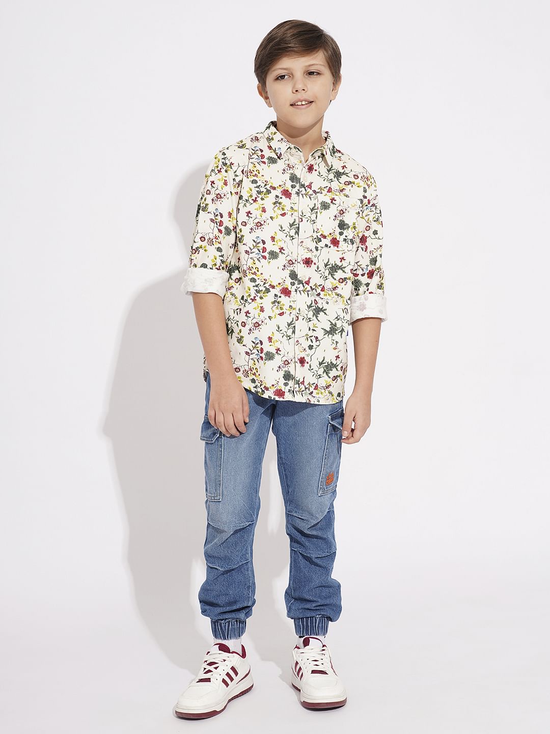 Boys Beige Printed Full Sleeves Shirt