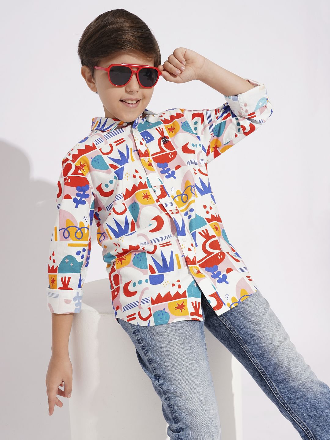 BOYS White Abstract Print Cotton Shirt