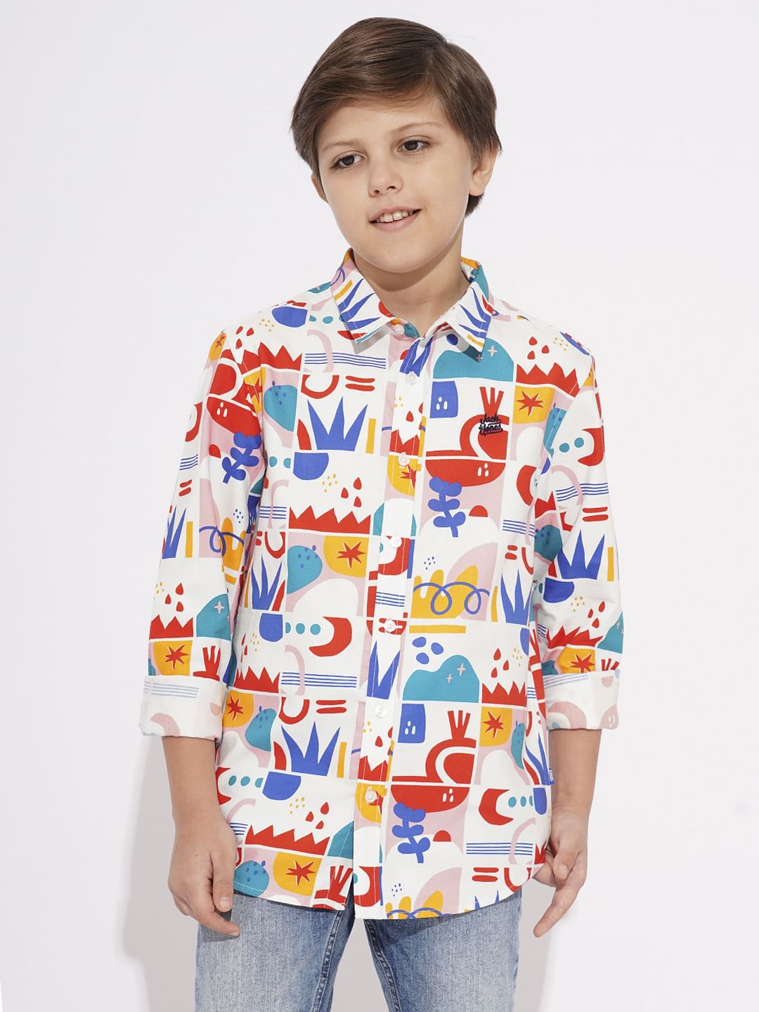 BOYS White Abstract Print Cotton Shirt