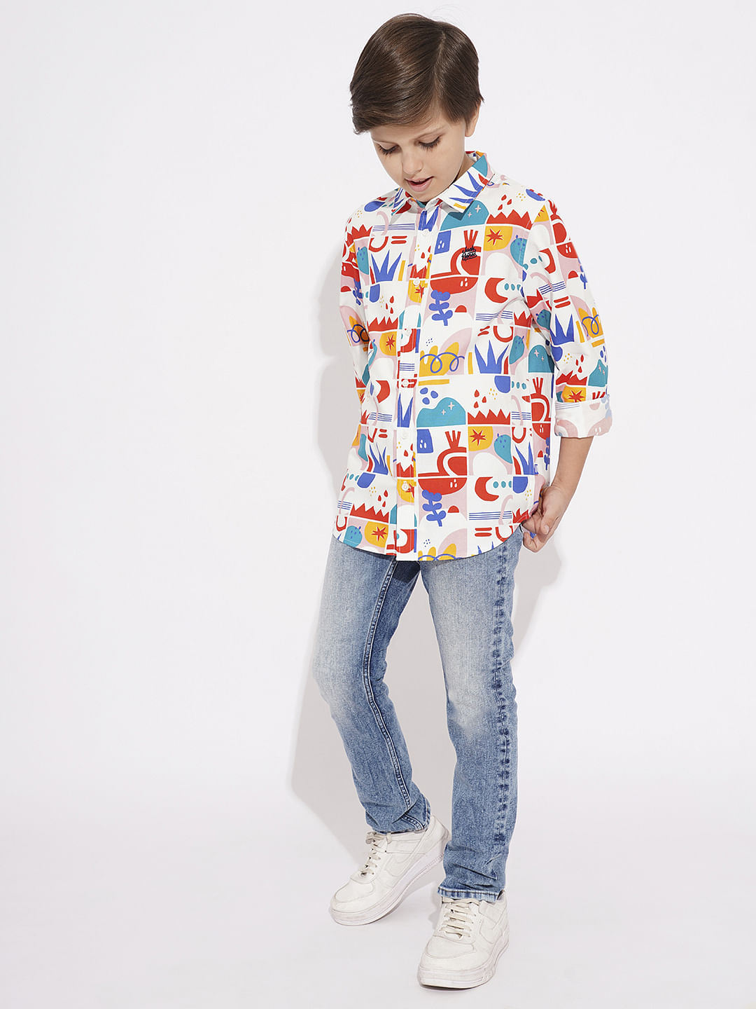 BOYS White Abstract Print Cotton Shirt