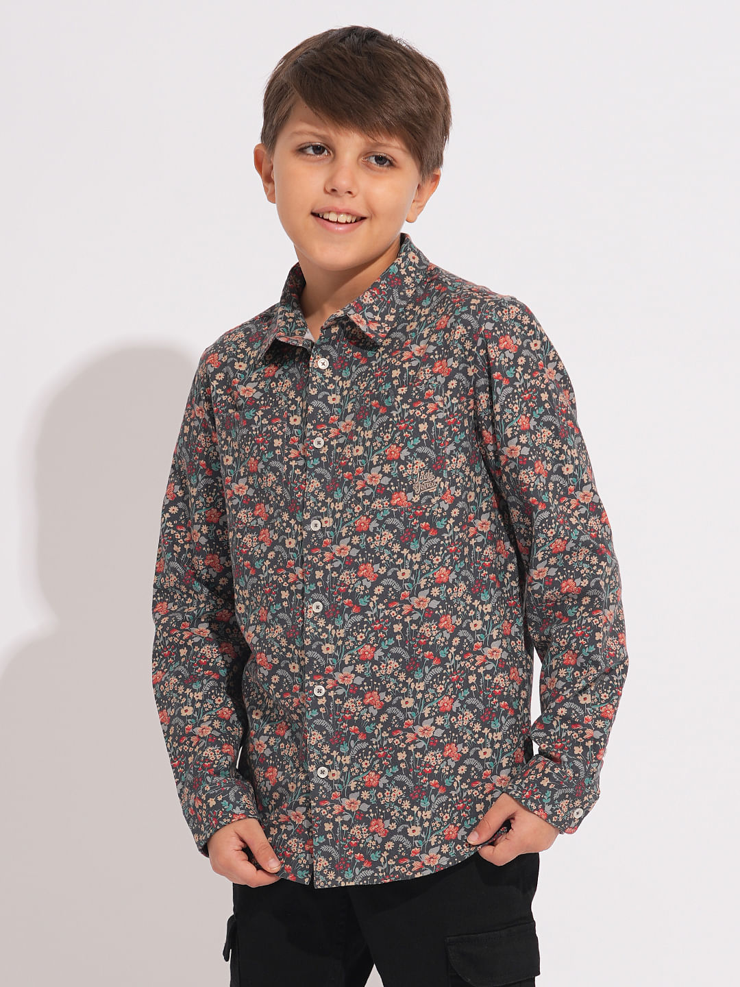 Boys Grey Floral Print Shirt