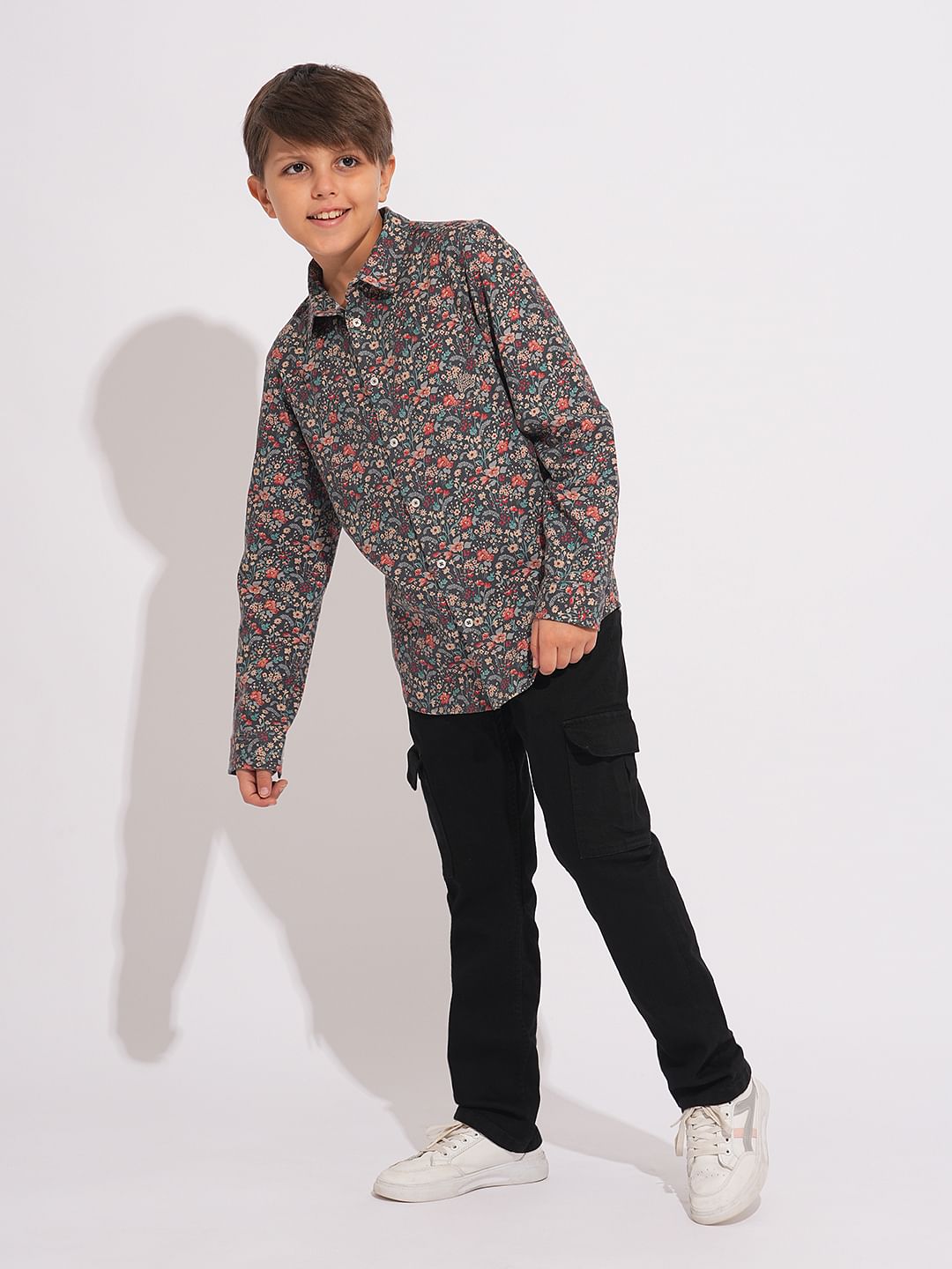 Boys Grey Floral Print Shirt