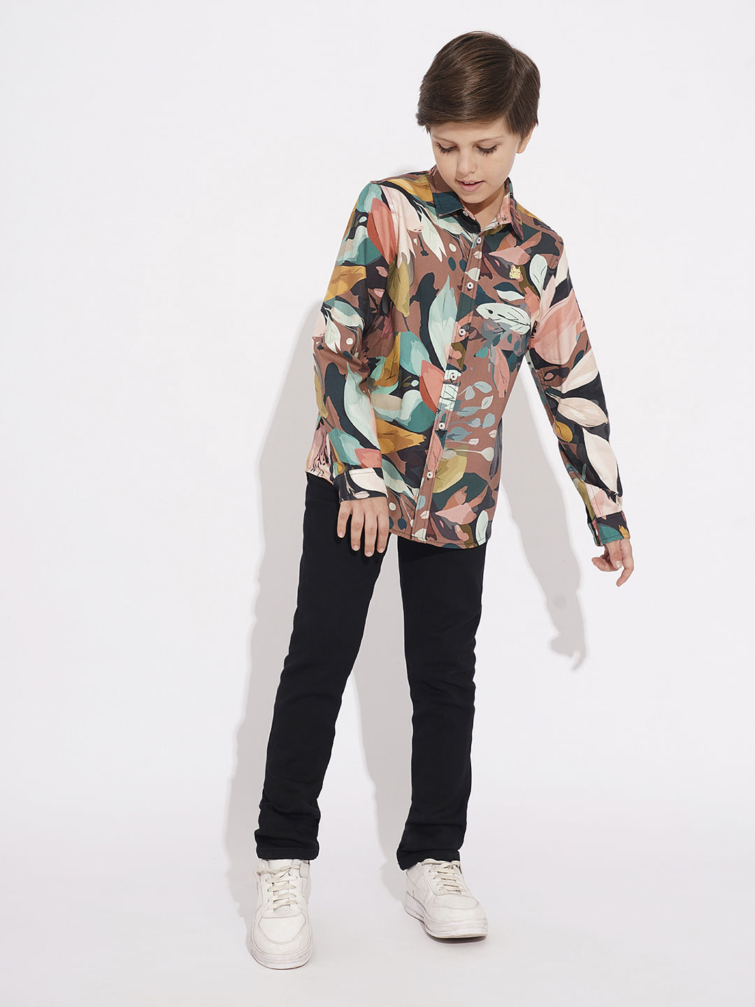 Boys Brown Printed Co-ord Set Shirts