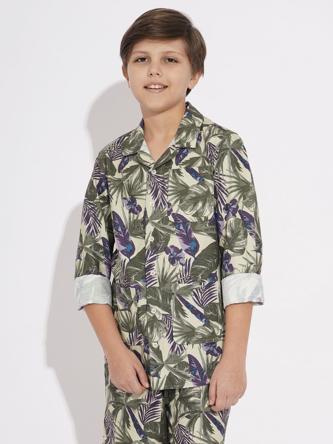 Boys Green Tropical Print Co-ord Set Shirt