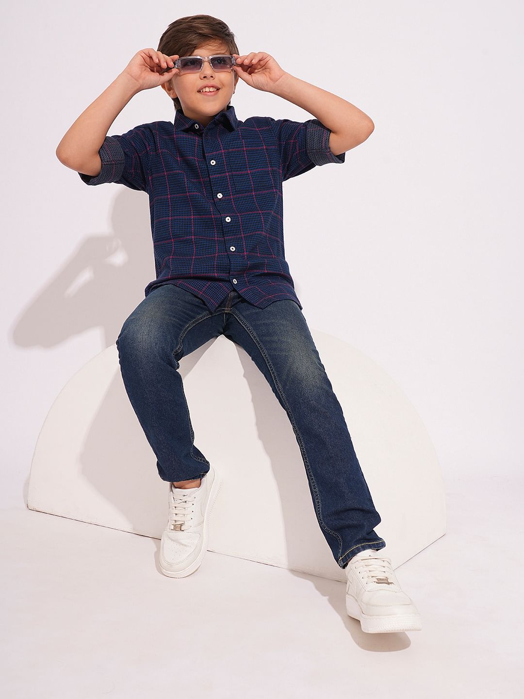 Boys Navy Check Print Shirt